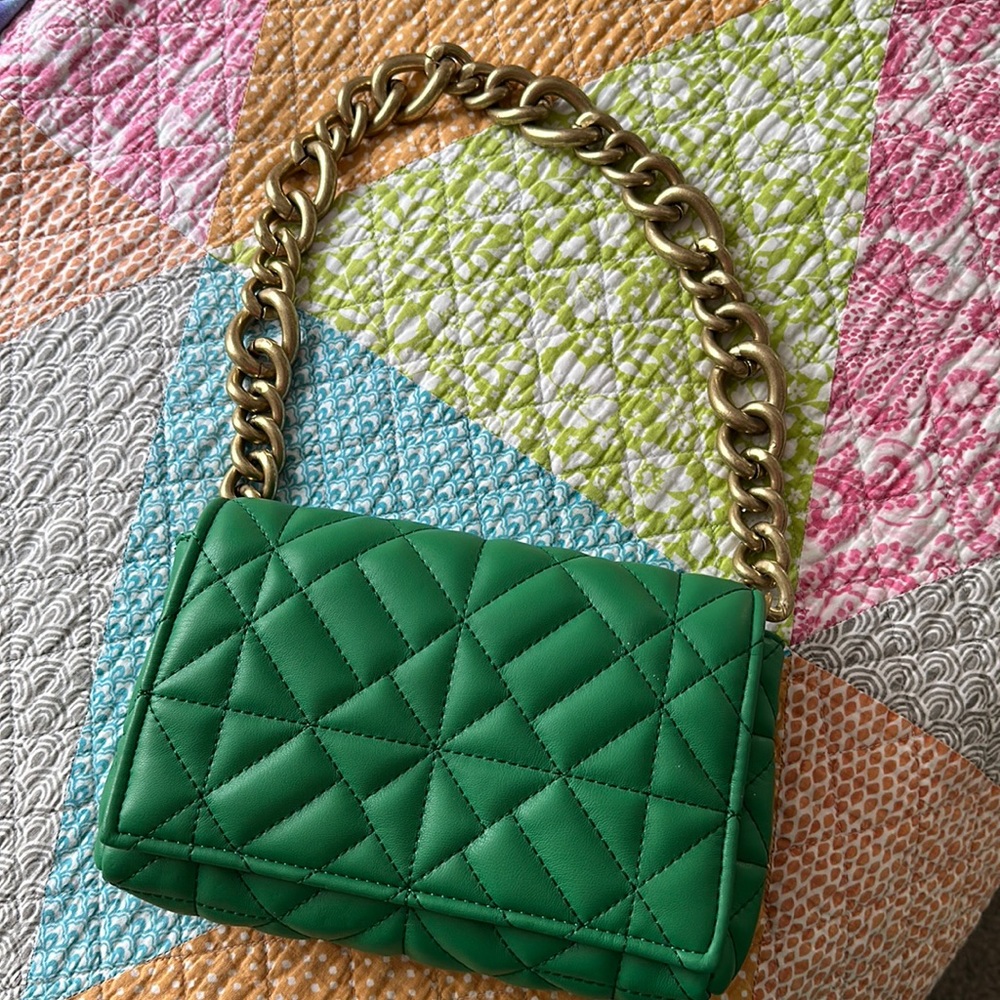 Zara Green Quilted Shoulder Bag with Gold Chain